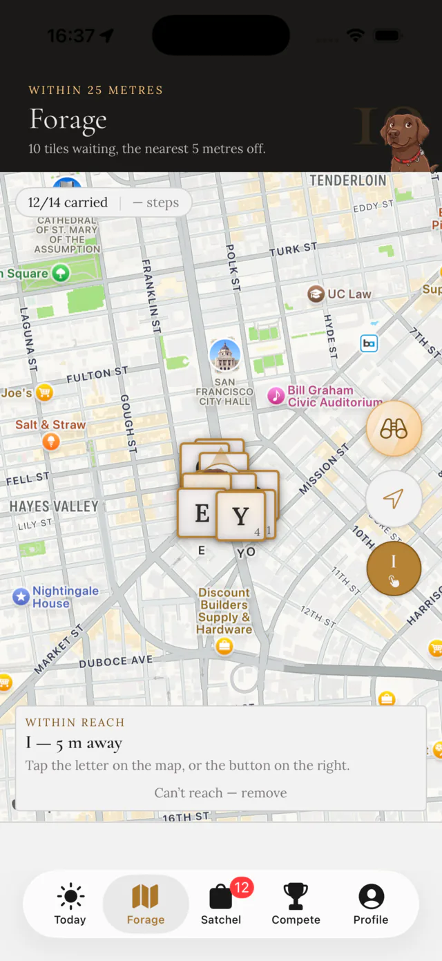 The Forage map: letter tiles stacked on a street corner, the nearest five metres away