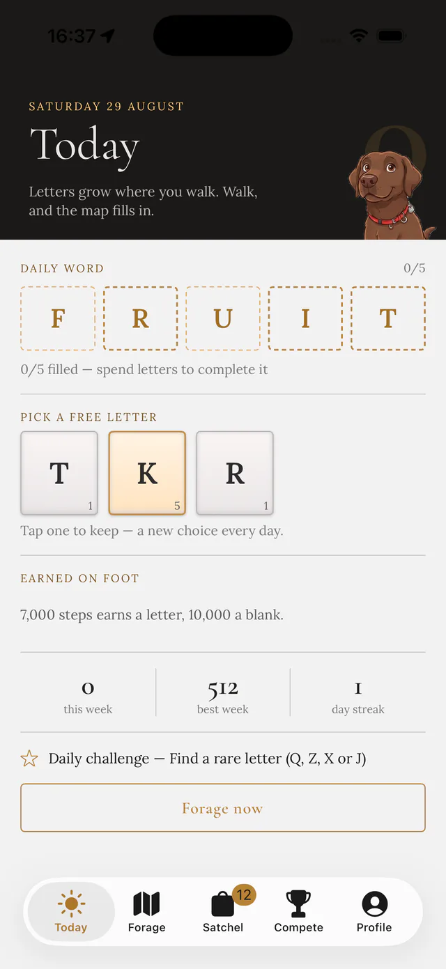 Today: the daily word FRUIT waiting to be filled, and a free letter to pick